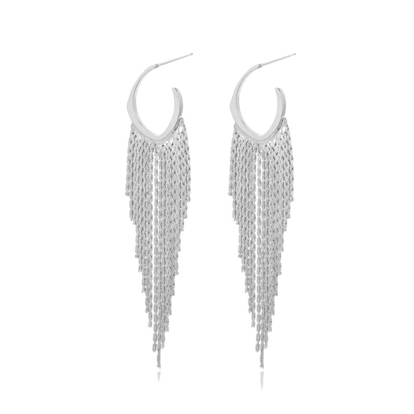 Silver Fringe Dangle Earrings – Long 3-Inch Textured Drop Statement Earrings for - Picture 1 of 1